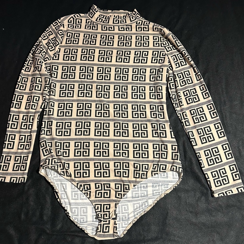 Love University Geometric Greek Key Patterned Bodysuit - Black and Cream